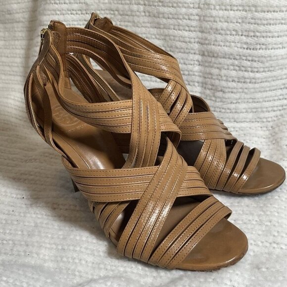 Tory Burch Liv Cage Gladiator Shoes Brown Leather Zipper Heels Open‎ Toe Size 8 - Picture 1 of 10